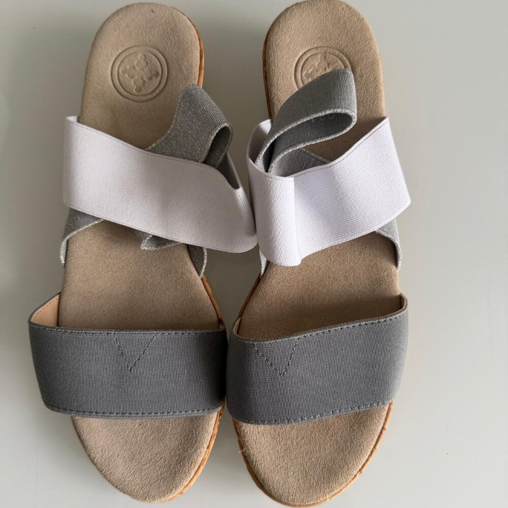 Charleston Shoe Co Elastic Slide Sandals Gray White Comfort